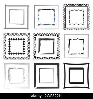Quadratische und rechteckige Rahmen. Verschiedene Pinsel- und Tintenstrukturen. Künstlerische Grenzkollektion. Vektorabbildung. EPS 10. Stock Vektor