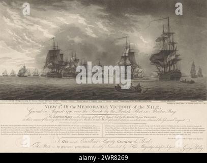 Blick auf die Bucht von Aboukir im Nil mit der britischen Flotte, die von den Schiffen Goliath und Eifersucht geführt wird, 1. August 1798, View 1st. Vom unvergesslichen Sieg des Nils (Titel auf Objekt), vier Ansichten des Nils während der Schlacht am Nil (Titel der Serie), Druckmacher: William Ellis, nach Zeichnung von: Francis Chesham, nach Malerei von: William Anderson, London, Dez-1800, Papier, Ätzen, Höhe 354 mm x Breite 457 mm, bedruckt Stockfoto