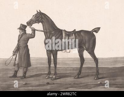 Reiter mit Pferd in der Hand, Le Cheval en Main. (Titel auf Objekt), gedruckter Titel, wahrscheinlich aus dem Rand ausgeschnitten und separat auf einem Beilagenblatt eingefügt. Nummeriert unten Mitte: Nr. 8., Druckerei: Jean Louis Darcis, (zugeschrieben), Frankreich, ca. 1787 - 1801, Papier, Ätzen, Höhe 244 mm x Breite 327 mm, Druck Stockfoto