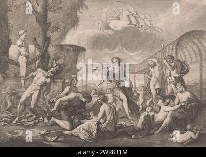 Empire of Flora, L'Empire de Flore (Titel über Objekt), Druckerei: Jean Moyreau, nach Malerei von Nicolas Poussin, J. Verduc, 1700 - 1762, Papier, Ätzen, Gravur, Höhe 294 mm x Breite 384 mm, bedruckt Stockfoto
