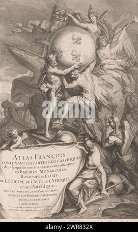 Hercules legt einen Globus auf die Schultern von Atlas, Titelseite für: Hubert Jaillot, Atlas Francois, Contenant les Cartes Geographiques dans lequelles sont tres exactement remarquez les Empires, Monarchien, Royaumes et Estats de l'Europe, de l'Asie, de l' Afrique et de l'Amerique (...), 1695. Herkules platziert einen Globus mit drei Fleurs-de-Lis auf Atlas' Schultern. Zu ihrer Rechten stehen Personifizierungen Asiens, Afrikas und Amerikas. Oben rechts hält Victoria einen Lorbeerkranz über dem Paar und Fama bläst eine Trompete. Links ist ein Schiff zu sehen Stockfoto