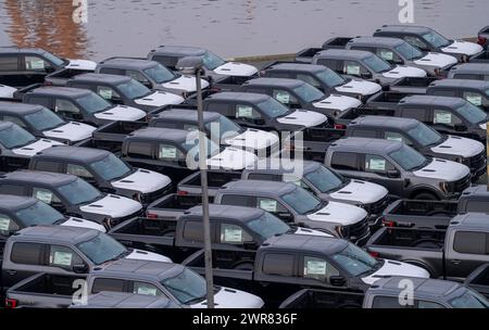 Ford FX4 Pickup Trucks auf Lager, im Überseehafen Bremerhaven, nach Import aus den USA in Deutschland, Niedersachsen, Deutschland Stockfoto