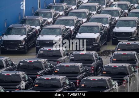 Ford FX4 Pickup Trucks auf Lager, im Überseehafen Bremerhaven, nach Import aus den USA in Deutschland, Niedersachsen, Deutschland Stockfoto