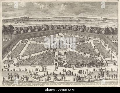 Blick auf den Garten von Saint-Cloud, Le Grand parterre du Trianon de St. Wolke (...) (Titel auf Objekt), Stadtbilder und Landschaften in Frankreich und Italien (Titel der Serie), Recueil de vues de Monuments de Paris, des prinzipales résidences royales et des prinzipaux châteaux de France et de Rome (Titel der Serie), Print ist Teil eines Albums., Druckerei: Adam Perelle, Druckerei: Nicolas Perelle, Druckerei: Gabriel Perelle, Verlag: Paris, Frankreich, 1650 - 1707 Papier, Ätzen, Höhe 220 mm x Breite 301 mm, Druck Stockfoto