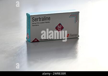 Eine Packung Sertralin-Tabletten ist in Oxford, Großbritannien, abgebildet. März 2024. Stockfoto