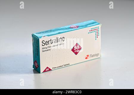 Eine Packung Sertralin-Tabletten ist in Oxford, Großbritannien, abgebildet. März 2024. Stockfoto