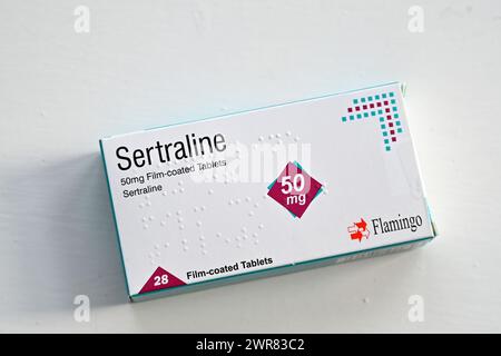 Eine Packung Sertralin-Tabletten ist in Oxford, Großbritannien, abgebildet. März 2024. Stockfoto
