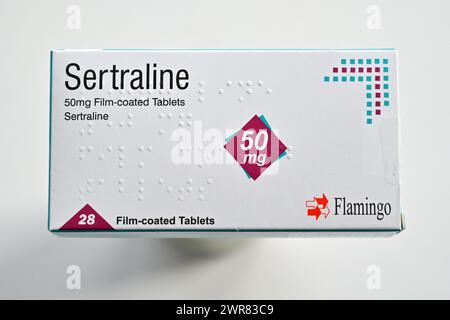 Eine Packung Sertralin-Tabletten ist in Oxford, Großbritannien, abgebildet. März 2024. Stockfoto