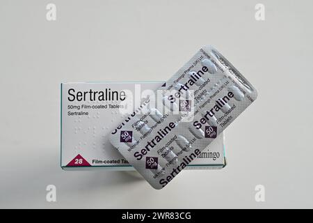 Eine Packung Sertralin-Tabletten ist in Oxford, Großbritannien, abgebildet. März 2024. Stockfoto