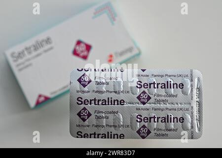 Eine Packung Sertralin-Tabletten ist in Oxford, Großbritannien, abgebildet. März 2024. Stockfoto