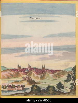 Ansicht von Mortagne-au-Perche, Mortaigne (Titel auf Objekt), dieser Druck ist Teil eines Albums., Druckerei: Anonym, Verlag: Caspar Merian, Anna Beeck, Verlag: Frankfurt am Main, den Haag, 1657, Papier, Gravur, Ätzen, Höhe 344 mm x Breite 284 mm, Höhe 532 mm x Breite 320 mm, bedruckt Stockfoto