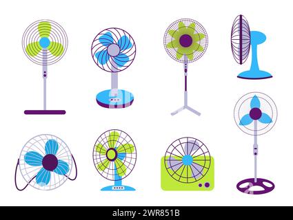Elektrische Lüfter. Kühlgeräte für die heiße Sommersaison. Heim- oder Bürogeräte für Boden, Tisch oder Wand Stock Vektor
