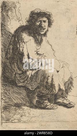 Bettler sitzt auf einem Sofa, Druckerei: James Bretherton, nach Druck: Rembrandt van Rijn, 1760 - 1781, Papier, Ätzung, Höhe 125 mm x Breite 78 mm, Druck Stockfoto