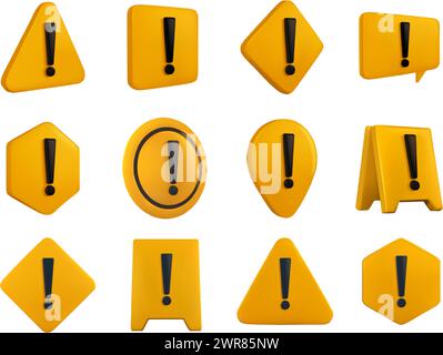 Gelbes 3D-Warnschild. Gefahrensymbole mit Ausrufezeichen, Sicherheitswarnung und Warnsymbolen realistische Rendervektorgrafiken Stock Vektor