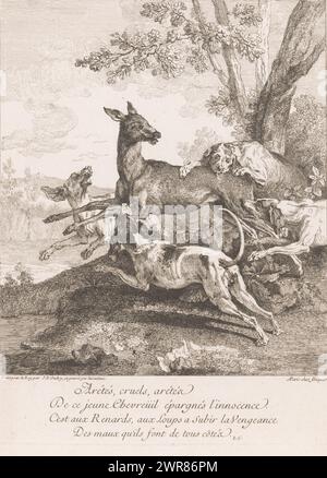 Hirsche von Jagdhunden angegriffen, Arétés, grausame, arétéz (...) (Titel über Objekt), Jagdszenen (Titel der Serie), Druckerei: Jean-Baptiste Oudry, nach eigenem Entwurf von: Jean-Baptiste Oudry, Verlag: Gabriel Huquier, Paris, 1725, Papier, Ätzen, Höhe 375 mm x Breite 292 mm, bedruckt Stockfoto