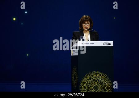 Rede von Julia Simpson. Präsident und CEO des World Travel & Tourism Council (WTTC), ITB Berlin Convention - Tourismusmesse, City Cube Messe Berlin Stockfoto