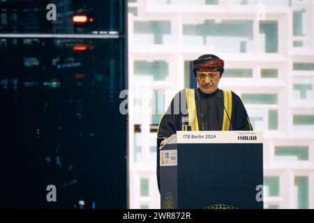 Rede seiner Exzellenz Salim bin Mohammed Al Mahrouqi, omanischer Minister für Kulturerbe und Tourismus, ITB Berlin Convention - Tourismusmesse, City Cube Messe Stockfoto