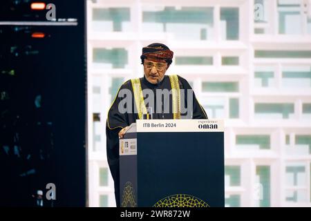 Rede seiner Exzellenz Salim bin Mohammed Al Mahrouqi, omanischer Minister für Kulturerbe und Tourismus, ITB Berlin Convention - Tourismusmesse, City Cube Messe Stockfoto