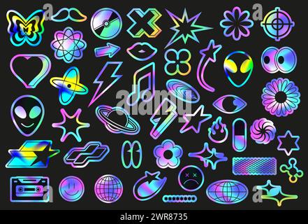 Packung mit irisierenden Holo-Aufklebern. Fluoreszierende Retro-Symbole im Stil der 90er Jahre, Y2K-Symbole und holografische Farbverlaufsabziehbilder Vektorsatz Stock Vektor