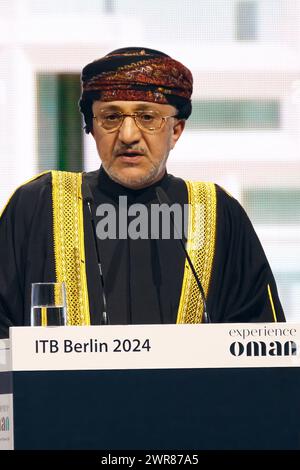 Rede seiner Exzellenz Salim bin Mohammed Al Mahrouqi, omanischer Minister für Kulturerbe und Tourismus, ITB Berlin Convention - Tourismusmesse, City Cube Messe Stockfoto