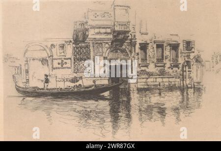 Gondel auf einem Kanal, Ein Wasserfahrzeug in Venedig (Titel auf Objekt), Gondel an einem Wassertor auf einem Kanal in Venedig., Druckerei: Joseph Pennell, (signiert vom Künstler), Vereinigte Staaten von Amerika, 1883, Papier, Ätzen, Trockenspitze, Höhe 200 mm x Breite 296 mm, bedruckt Stockfoto