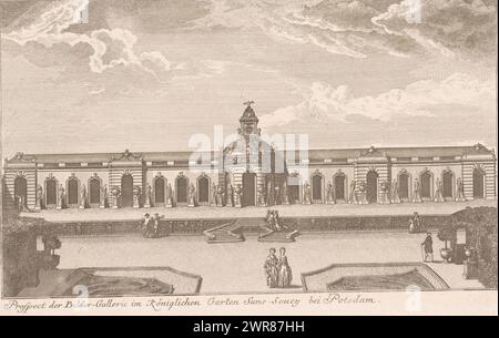 Blick auf die Skulpturengalerie in den Gärten des Schlosses Sanssouci, Prospect der Bilder-Gallerie im Königlichen Garten Sans-Soucy bei Potsdam, Druckerei: Anonym, Verlag: Johann David Schleuen (I), 1747 - 1774, Papier, Radierung, Gravur, Höhe 209 mm x Breite 323 mm, bedruckt Stockfoto