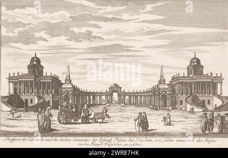 Blick auf die Gemeinden des Neuen Palais, im Park des Palastes Sanssouci, Aussicht auf die Kolonnade und beide Gemeinden des Königl. Palais bei Potsdam (...) (Titel über Objekt), nummeriert oben rechts: 62., Druckerei: Anonym, Verlag: Johann David Schleuen (I), 1769 - 1774, Papier, Ätzen, Gravur, Höhe 211 mm x Breite 320 mm, bedruckt Stockfoto