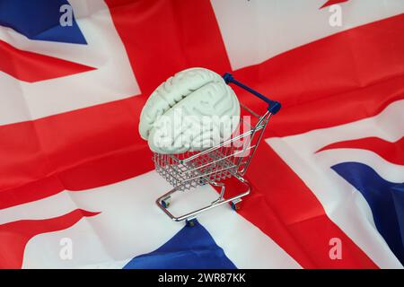 Ein Einkaufswagen mit einem Gehirn vor einer lebendigen britischen Flagge, der Innovation und Verbindung zu Technologie in einem patriotischen Ambiente symbolisiert. Stockfoto