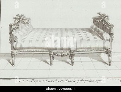 Bett, lit de Repos a deux chevets dans le goût pictoresque (Titel auf Objekt), H Sofas und Betten (Serientitel), Bett mit gestreiften Polstern und Rollkissen, verziert mit Girlanden und Trophäen mit Fackel und Köcher., Druckerei: Anonym, nach Entwurf: Jean Charles Delafosse, Verlag: Jean-Francois Daumont, Paris, 1745 - 1775, Papier, Gravur, Höhe 227 mm x Breite 332 mm, bedruckt Stockfoto