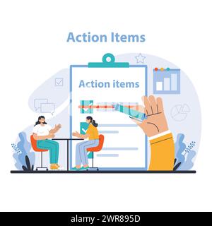 Aktionselemente Konzept. Priorisierung und Zuweisung von Aufgaben in einer Teambesprechung. Klare Ziele und Folgestrategie. Illustration des flachen Vektors. Stock Vektor