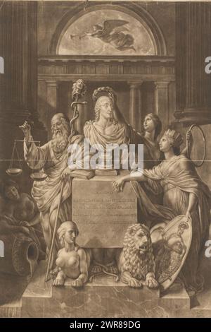 Allegorische Hommage an Wenzel Anton von Kaunitz, Immortali Principi Venceslao Kaunitz A Rietberg (...) (Titel auf Objekt), Hommage an Wenzel Anton von Kaunitz, wahrscheinlich wegen seiner Rolle im Renversement des Alliances. Seine Porträtbüste ist zentral. Hinter der Brust ist eine Eule. Die Büste steht auf einem eingeschriebenen Sockel, der von einer Sphinx und einem Löwen gestützt wird. Die Porträtbüste wird mit einem Lorbeerkranz von Unsterblichkeit (Immortalita) gekrönt. Unsterblichkeit wird durch eine Personifikation Ungarns als Pannonien mit Stadtkrone und Schild repräsentiert. Auf der linken Seite ist eine männliche Personifikation Stockfoto