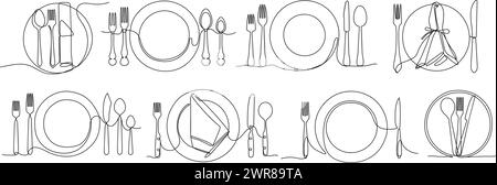 Durchgehende einzeilige Servierplatte. Minimalistische Teller, Gabeln, Messer und Löffel für Restaurant Menü Design Vektor Illustration Set Stock Vektor