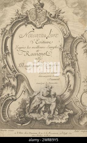 Rocaille mit Quecksilber und Putto, Nouveau Livre d’Ecriture d’après les meilleures Ecemples de Rossignol (Titel auf Objekt), Druck ist lose im Album, nach der Seite mit der Objektnummer RP-P-2002-279, von der der Druck ein späterer ist. Der Druck wurde auch auf den wichtigsten Zeilen durchstochen, so dass die Darstellung kopiert werden kann., Druckerei: Pierre-Edmé Babel, nach Entwurf von: Francois-Thomas Mondon, Verlag: Jean-Francois Daumont, Frankreich, 1736 - 1762, Papier, Ätzen, Höhe 296 mm x Breite 197 mm, bedruckt Stockfoto