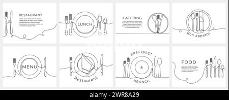 Durchgehende einzeilige Restaurantbanner. Tischeinstellungen mit Textraum für Restaurant Lunch, Frühstück und Catering Menü Design Vektor Illustration Stock Vektor