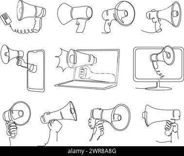 Durchgehend einzeiliges Megaphon. Handlautsprecher für Durchsagen und Werbung, minimalistische handgezeichnete Megaphone Skizzen Vektorillustration Stock Vektor
