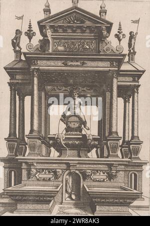 Tempel mit Brunnen und Bacchus auf einem Fass, Artis Perspectivae (...) (Serientitel), Square Temple mit Brunnen. Bacchus sitzt auf einem Fass auf dem Brunnen., Druckerei: Joannes van Doetechum (I), Druckerei: Lucas van Doetechum, nach Entwurf: Hans Vredeman de Vries, Antwerpen, 1568, Papier, Ätzen, Höhe 249 mm x Breite 172 mm, bedruckt Stockfoto