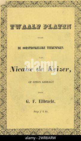 Zwölf Platten nach den Originalzeichnungen von Nicaise dem Kaiser, in Stein gesetzt von G.F. Eilbracht (Titel auf Objekt), Ordner mit zwölf Lithografien. Umschlag aus gelbem Papier mit zwölf losen Platten mit Köpfen und historischen Szenen, nach den Holzstichen, die als Illustrationen verwendet wurden in: Félix Bogaerts, El Maestro del Campo, 1839., Druckerei: Gerhardus Fredericus Eilbracht, nach Zeichnung von: Nicaise de Keyser, Niederlande, ca. 1844 - ca. 1854, Papier, Höhe 251 mm x Breite 166 mm x Dicke 3 mm, bedruckt Stockfoto