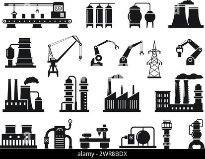 Silhouetten in Industrieanlagen. Maschinen- und Fertigungssymbole, Kraftwerke, Förderbänder, Kräne und Roboterarme Vektor-Illustrationsset Stock Vektor