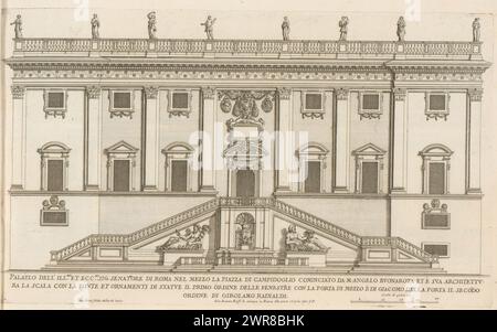 Fassade des Palazzo Senatorio, Palazzo dell'Ill.Mo et ecc.Mo sig. senatore di Rome nel Mezzo la Piazza di Campidogli (...) (Titel auf Objekt), römische Paläste (Titel der Serie), Palazzi di Roma (Titel der Serie), Palazzi di Roma dei più celebri architett (...) (Titel der Serie ), Druck ist Teil eines Albums., Druckerei: Giovanni Battista Falda, nach Zeichnung von: Giovanni Battista Falda, nach Entwurf von: Giacomo della Porta, Druckerei: Italien, nach Zeichnung von: Italien, nach Entwurf von: Rom, nach Entwurf von: Rom, Verlag: Rom, Vatikanstadt, Rom, Italien, in oder nach 1655, Papier, Ätzen Stockfoto