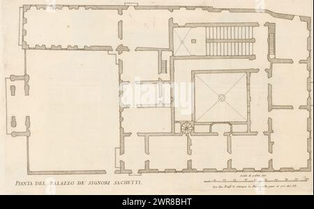 Karte des Palazzo Sacchetti, Pianta del Palazzo de' signori Sachetti (Titel auf Objekt), römische Paläste (Titel der Serie), Palazzi di Roma (Titel der Serie), Palazzi di Roma dei più celebri architett (...) (Titel der Serie), Druck ist Teil eines Albums., Druckerei: Giovanni Battista Falda, nach Zeichnung von: Giovanni Battista Falda, nach Entwurf von: Antonio da Sangallo (II), Druckerei: Italien, nach Zeichnung von: Italien, nach Entwurf von: Rom, Verlag: Rom, Vatikanstadt, Rom, Italien, ab 1655, Papier, Ätzen, Höhe 246 mm x Breite 394 mm, Druck Stockfoto