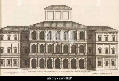Fassade des Palazzo Barberini, Palazzo de gli ecc.mi sig.ri Barberini posto nel Quirinale finito l'anno MDCXXX (Titel über Objekt), römische Paläste (Titel der Serie), Palazzi di Roma (Titel der Serie), Palazzi di Roma dei più celebri architett (...) (Titel der Serie), Druck ist Teil eines Albums., Druckerei: Giovanni Battista Falda, nach Zeichnung von: Pietro Ferrerio, Verlag: Giovanni Giacomo de'Rossi, Druckerei: Italien, nach Zeichnung von: Italien, Verlag: Rom, Italien, in oder nach 1655, Papier, Radierung, Höhe 240 mm x Breite 411 mm, Druck Stockfoto