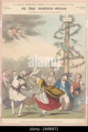 Dancing Around the Maypole Interrupt, 1832, Ein Tanz rund um die Maistange, unterbrochen von einem vorbeiziehenden Sturm (Titel auf Objekt), McLean's Monthly Sheet of Caricatures oder The Looking Glass. No. 30 (Titel auf Objekt), politischer Karikaturfilm, in dem Premierminister Charles Gray und seine Minister um den Maypole der Reform tanzen, von einem starken Wind gestört werden, der von den Köpfen dreier politischer Gegner in den Wolken geweht wird, 1832. König Wilhelm IV. Mit Tambourin- und Flötenuhren nach oben gestört., Druckerei: Robert Seymour, Drucker: A. Ducôte, Verlag: Thomas McLean, Druckerei: England Stockfoto