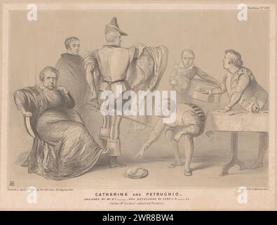 Cartoon mit Premierminister Robert Peel und Joseph Hume, Catherine und Petruchio. Entworfen von Mr. D'i - und retuschiert von Lord J. R.-ll / (nach Mr. Leslies bewundertem Bild (Titel auf Objekt), HB Sketches (Serientitel auf Objekt), Cartoon von 1845 als Szene mit Katherina und Petruchio aus Shakespeares Stück The Shrew is Tamed (die Zähmung des Widersprichs) präsentiert. Premierminister Robert Peel als Petruchio und Jospeh Hume als Catherine. Veröffentlicht als Nr. 833 in der Serie HB Sketches., Printmacher: John Doyle, nach Design von Charles Robert Leslie Stockfoto