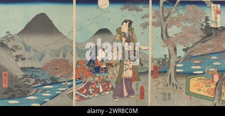 Der Mond spiegelte sich in den Reisfeldern von Shinano, Shinshû tagoto no tsuki (Titel auf Objekt), Prinz Genji und einer Dame, während der Vollmond in den Reisfeldern reflektiert. Teil eines Triptychons., Druckerei: Kunisada (II), Utagawa, Druckerei: Hiroshige (II), Utagawa, Koizumi Minokidai, Japan, 1861, Papier, farbiger Holzschnitt, Höhe 374 mm x Breite 261 mm, bedruckt Stockfoto