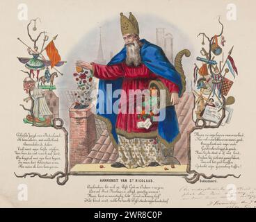 Sinterklaas wirft Süßigkeiten in einen Kamin, Ankunft der St. Nicholas (Titel über Objekt), Sinterklaas steht auf einem Dach und wirft Süßigkeiten in einen Kamin. Unter seinem linken Arm hat er ein Hupe voller Fülle mit einer Stange, die herausragt. Links und rechts zwei Äste mit Spielzeug. Das Bild zeigt ein Gedicht, das aus drei Strophen besteht., Druckerei: Anonym, Drucker: Charles van Lier, Verlag: Charles van Lier, den Haag, 1866, Papier, Höhe 370 mm x Breite 510 mm, Druck Stockfoto