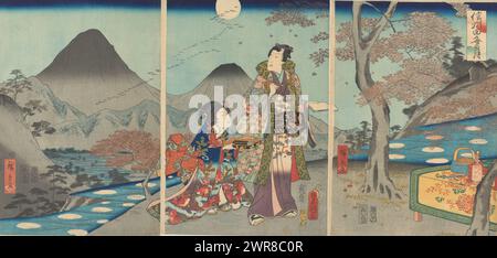 Der Mond spiegelte sich in den Reisfeldern von Shinano, Shinshû tagoto no tsuki (Titel auf Objekt), Prinz Genji und einer Dame, während der Vollmond in den Reisfeldern reflektiert. Teil eines Triptychons., Druckerei: Kunisada (II), Utagawa, Druckerei: Hiroshige (II), Utagawa, Koizumi Minokidai, Japan, 1861, Papier, farbiger Holzschnitt, Höhe 375 mm x Breite 262 mm, bedruckt Stockfoto