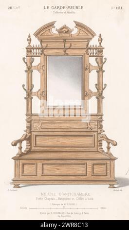 Möbel mit Sofa und Spiegel, Meuble d'antichambre Porte-Chapeau Banquette et Coffre à bois (Titel über Objekt), Le Garde-meuble / Collection de Meubles (Titel über Objekt), Ein Möbelstück mit Sofa, Spiegel und Garderobenständern. Druck aus dem 241. Livraison., Druckerei: Midart, Drucker: Becquet, Verlag: Désiré Guilmard, Paris, 1839 - 1885, Papier, Höhe 357 mm x Breite 273 mm, Druck Stockfoto