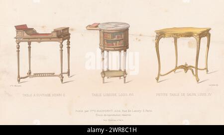 Drei Tische, Table A ouvrage, Henri II / Table Liseuse, Louis XVI / Petite Table de Salon, Louis Stil, ein Lesetisch im Louis XVI Stil und ein Couchtisch im Louis XV Stil. Druck aus 345. Livraison., Druckerei: Chanat, Drucker: Monrocq, Verlag: weduwe Eugène Maincent, Paris, 1895 - 1935, Papier, Höhe 275 mm x Breite 363 mm, Druck Stockfoto