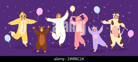 Lustige Pyjama-Party. Festliche Feier mit Menschen in Tiereinesies, Kigurumi-Kostümen Nachtfeier mit Ballons und Konfetti-Vektor Stock Vektor