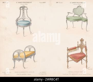 Stühle und Sofa, Chaise & Bankette Louis XVI / Sièges d'angle fantaisie (Titel auf Objekt), L'ameublement / Collection Simple (Serientitel auf Objekt), Ein Louis XVI Stil Stuhl und Sofa und zwei Stühle. Druck ab 291. Ausgabe (Livraison)., Druckerei: Chanat, Drucker: Monrocq, Verlag: weduwe Eugène Maincent, Paris, 1895, Papier, Höhe 277 mm x Breite 357 mm, Druck Stockfoto